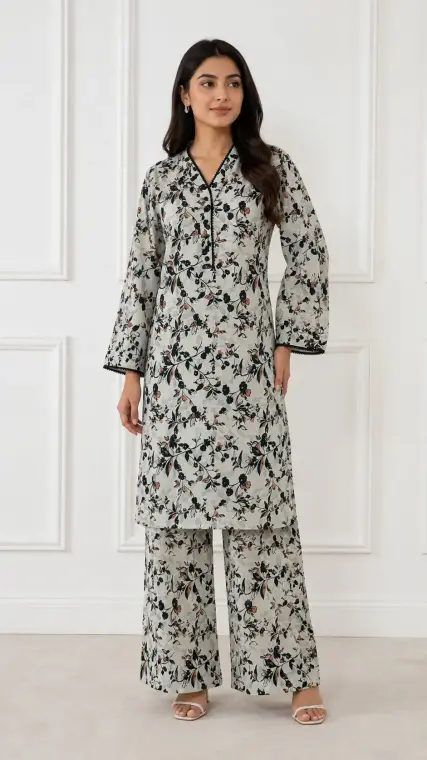 2 Pcs Women's Stitched Khaddar Printed Shirt And Trouser