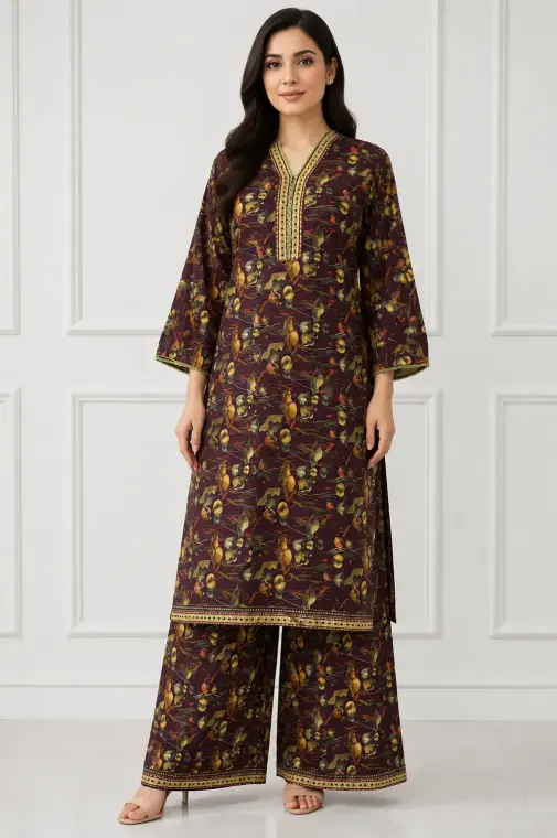 2 Pcs Women's Stitched Bin Saeed Khaddar Dress Long Length