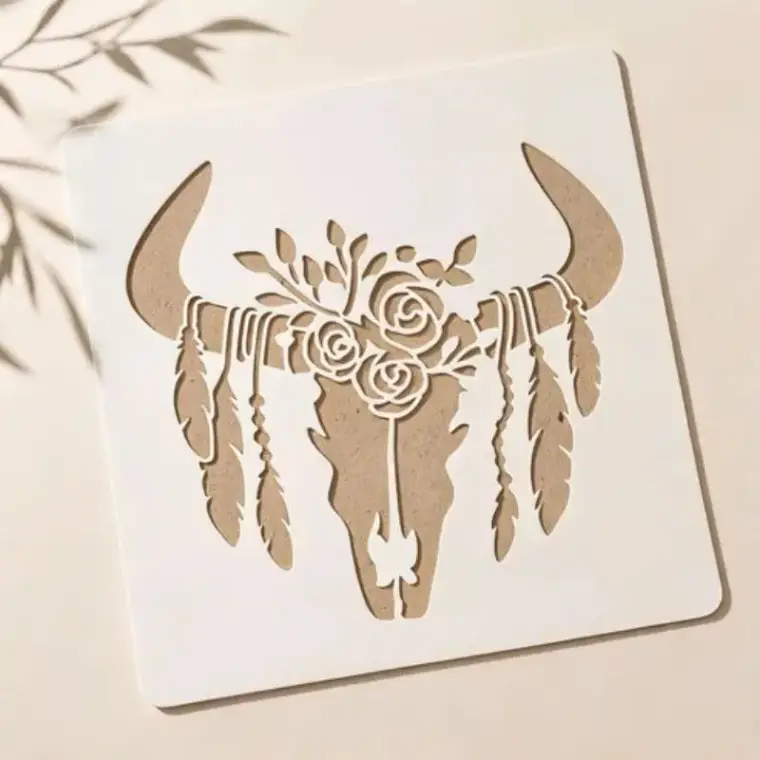 Casvena Feathered Cow Skull Stencil for Wall & Canvas Art