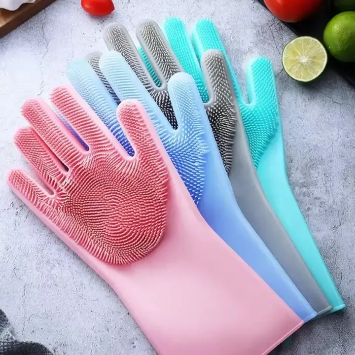 Silicone Non Slip Scrubber Dish Washing Gloves, 1 Pair