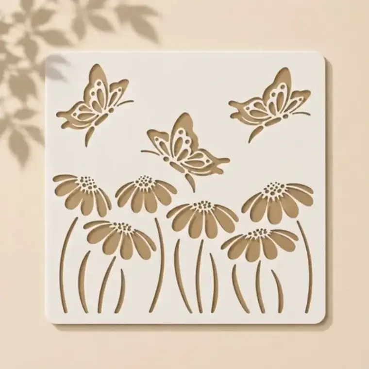 Casvena Butterfly With Flower Reusable Stencil for Wall