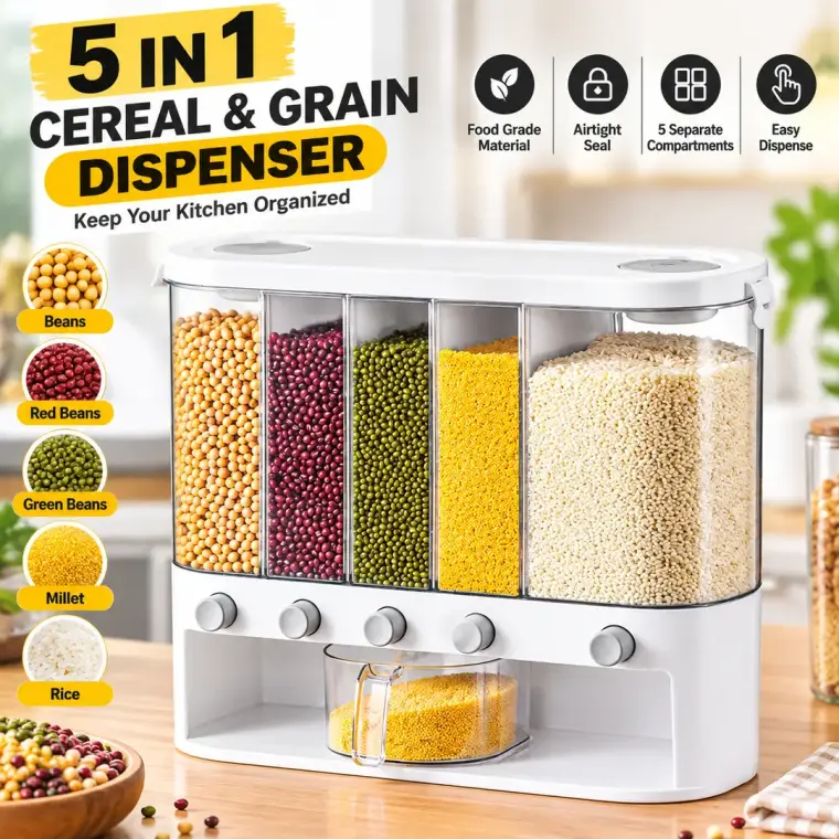 5 in 1 Cereal Dispenser for Kitchen, Rice & Grain Container