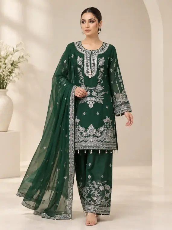 3 Pcs Women's Stitched Chiffon Hand Work Suit