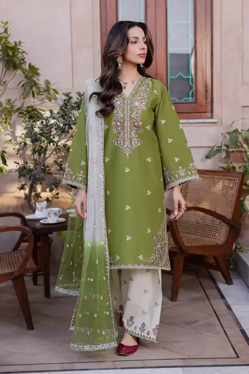 3 Pcs Women's Stitched Linen Embroidered Suit