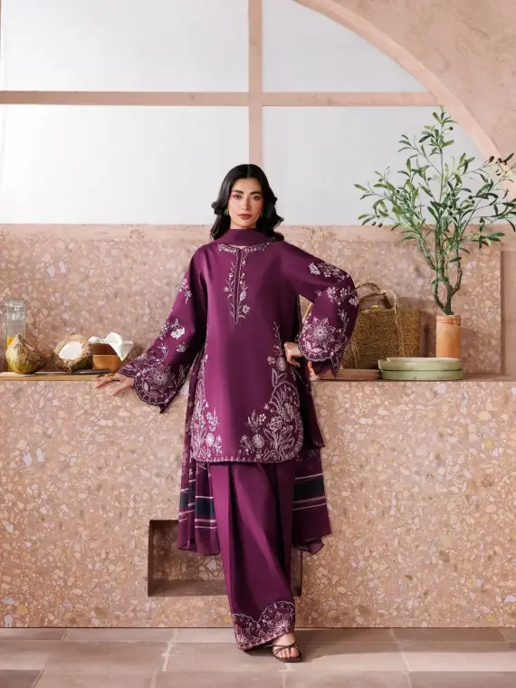 Plum Grace 3 Pcs Women's Stitched Linen Embroidered Suit