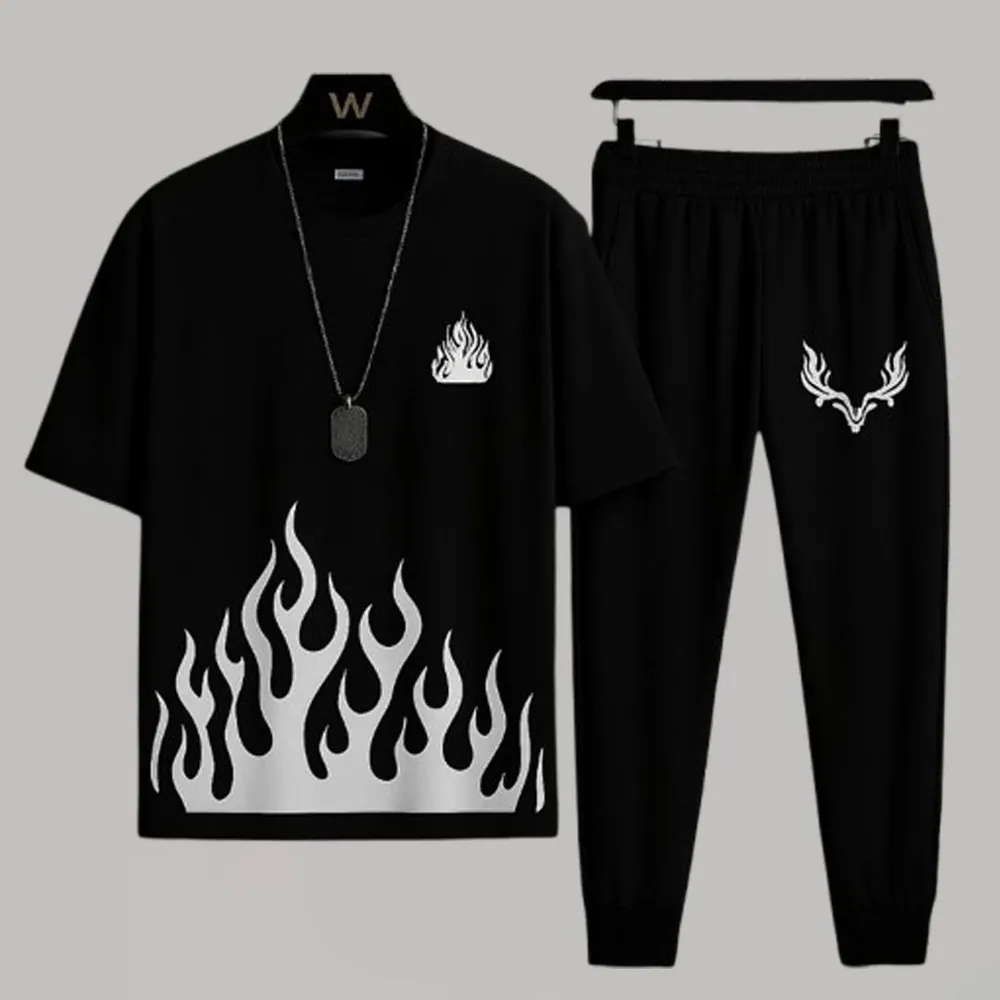 Men's Black Flame Print Micro Track Suit 2 Pcs