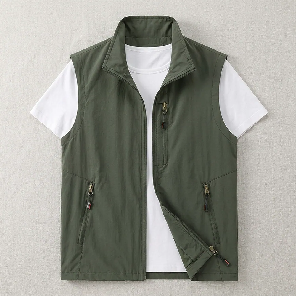 Men Olive Zip Front Vest Outdoor Casual