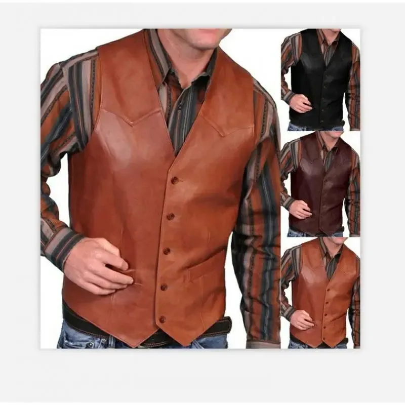 Men Leather Vest Brown Black Retro Stylish