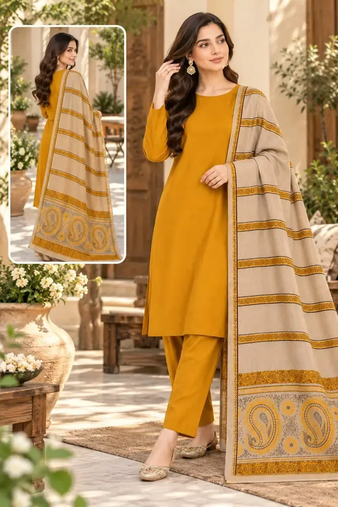 3Pcs Women's Unstitched Plain Suit PURE WOOL 3D SHAWL yellow