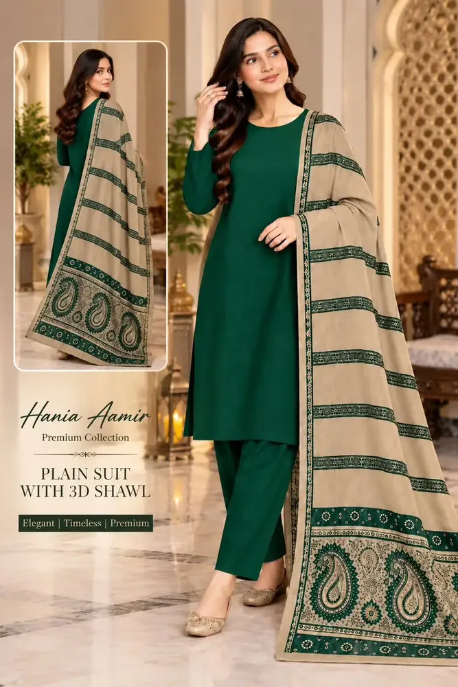 3 Pcs Women's Unstitched Plain Suit PURE WOOL 3D SHAWL Green