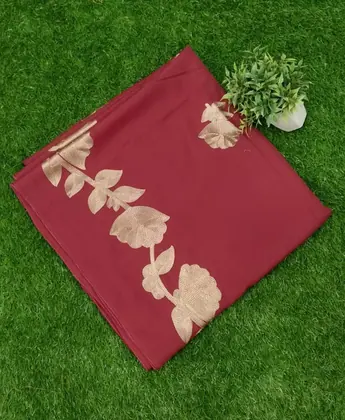 Maroon Linen Shawl with Golden Floral Embroidery 90x56"