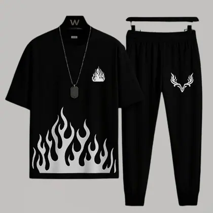 Men's Black Flame Print Micro Track Suit 2 Pcs