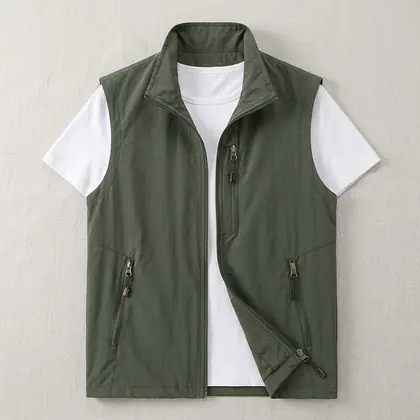 Men Olive Zip Front Vest Outdoor Casual