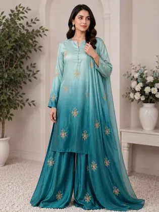 Multi Shaded Digital Printed Shamoz Silk 3 Piece Suit for Women | Embroidered Sequence Work Shirt | Pure Apple Silk Dupatta | Unstitched Pakistani Party Wear Dress