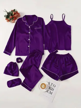 7 Pcs Women's Shamose Silk Nightwear Set | Camisole, Shirt, Trouser & Shorts | Piping Work Sleepwear | Scrunch, Eye Mask & Potli Bag | Luxury Night Suit