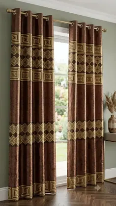Stylish 1 Pc Brown Jacquard Printed Double Sided Curtain