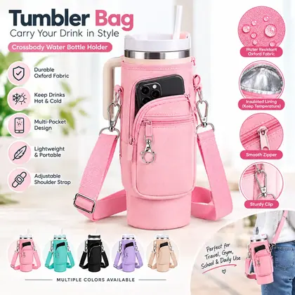 Water Bottle Carrier Quencher Cup Sleeve/Water Bottle Carrier Bag with Phone Pocket for Stanley 40 oz Tumbler Neoprene Water Bottle Holder Pouch with Adjustable Strap Bollus with Carabiner for Stanley Cup Accessories - 8 Colours