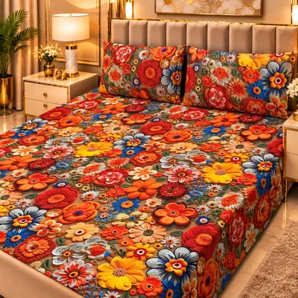 Elegant 3 Pcs Micro Cotton Printed 9D Double Bedsheet