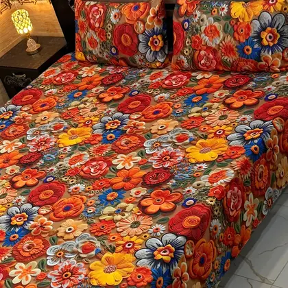 Vibrant 3 Pcs Micro Cotton Printed 9D Double Bedsheet