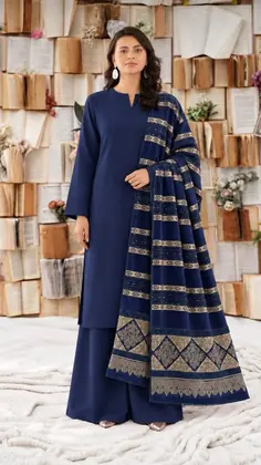 3 Pcs Women's Unstitched Plain Suit Faincy Whool Shawl Blue